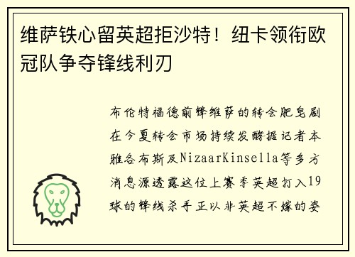 维萨铁心留英超拒沙特！纽卡领衔欧冠队争夺锋线利刃