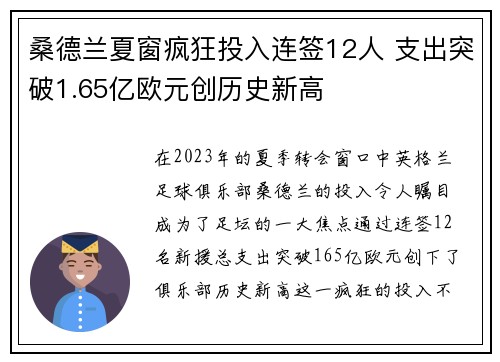 桑德兰夏窗疯狂投入连签12人 支出突破1.65亿欧元创历史新高
